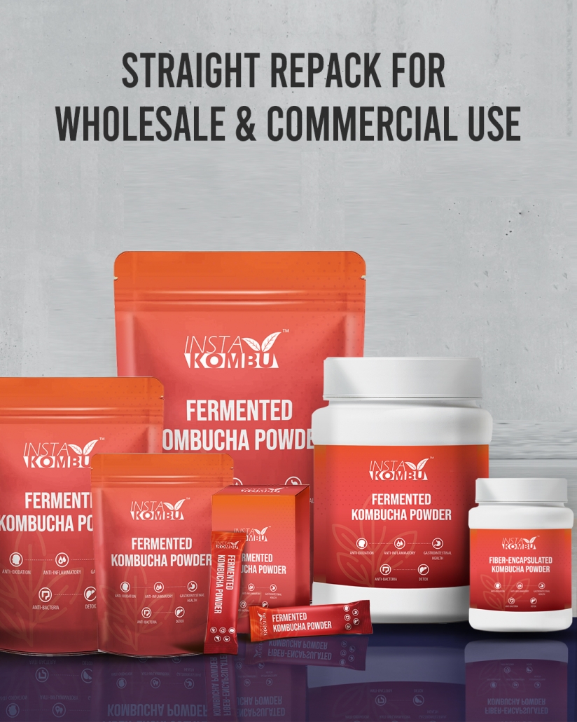 Fermented kombucha insta powder repack in small packaging for wholesale and commercial use