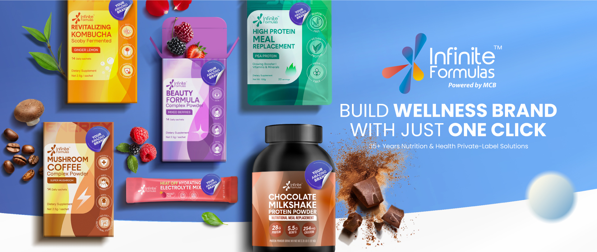 MCB provides the innovative Infinite Formulas'" private-label nutrition & health product solution, featuring proprietary ingredients, global formula database, and M+ Marketing services. We offer full support for nutrition & health brand from formulation to market soultion.